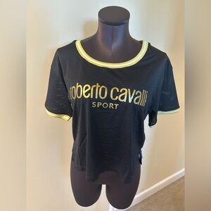 Roberto Cavalli Sport Black Mesh Logo Tee with gold logo and Trim size M
